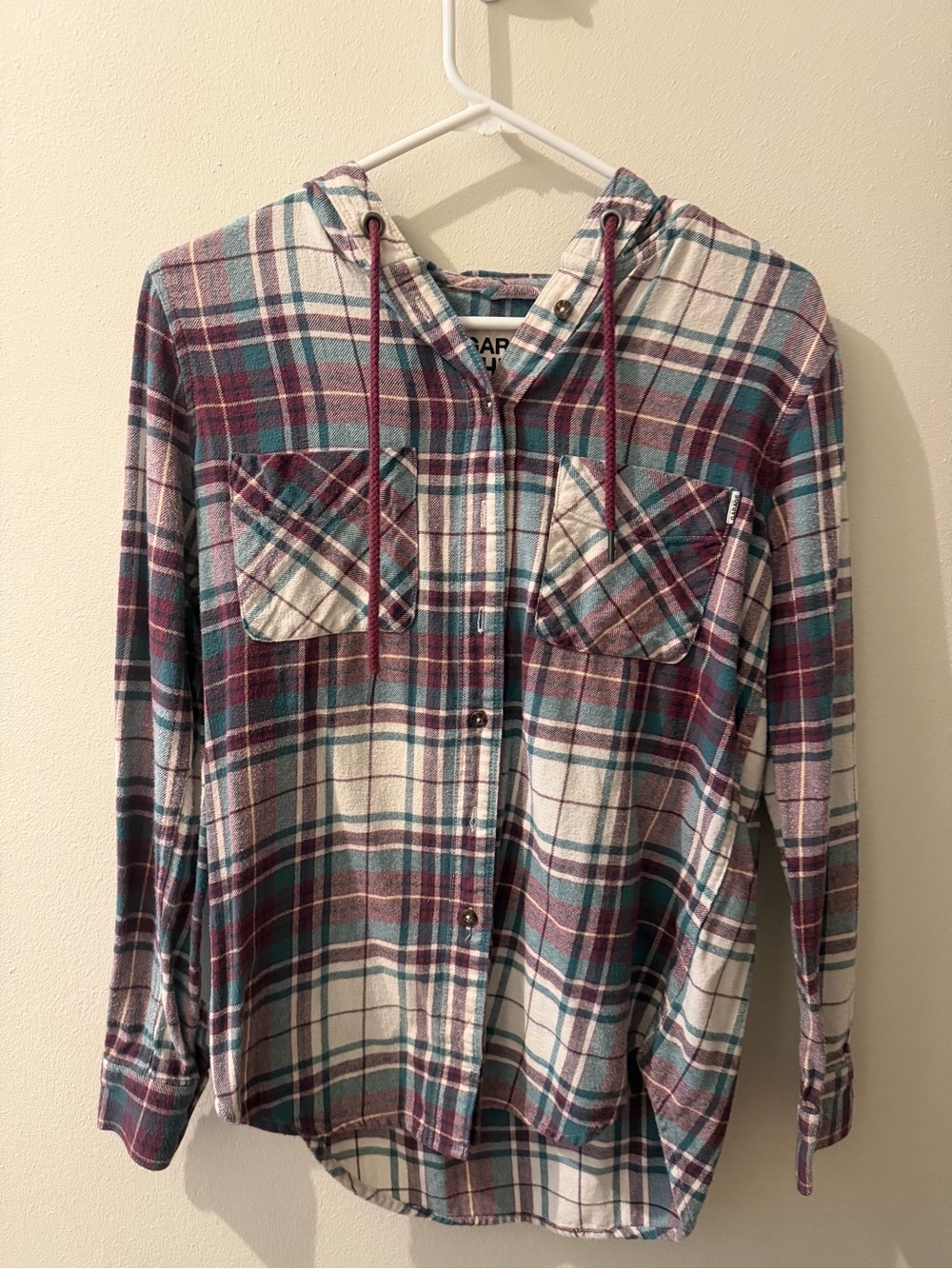 Garage XS Boyfriend Plaid Hooded Flannel Shirt - Teal & Burgundy